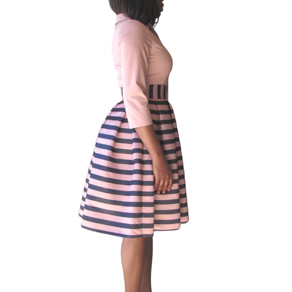Beige 3-quarter sleeve and striped bottom dress - Picture 2 of 3
